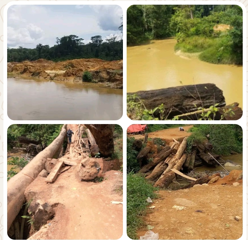 Composite photos of both mining activities and damaged sections of Chengbetee bridge in Grand Kru District #2.
